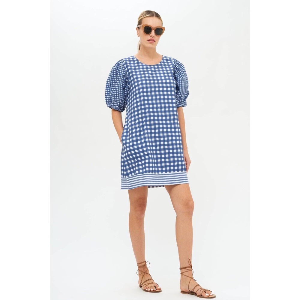 Oliphant Navy and White Checkered Puff Sleeve Mini Dress